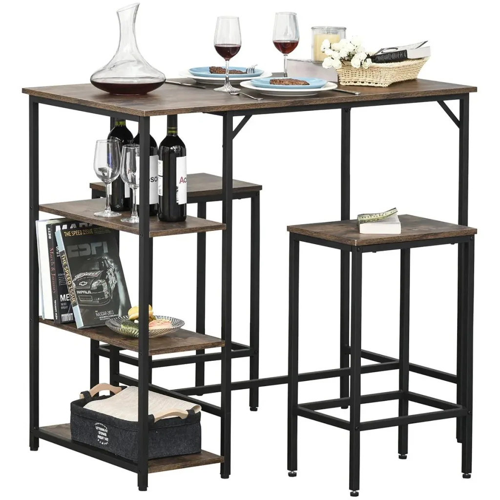 Bartisch-Set Stehtisch mit 2 Barhockern 3-teiliges Tischset Küchentresen mit Regale Spanplatte Stahl Rustikales Braun+Sc