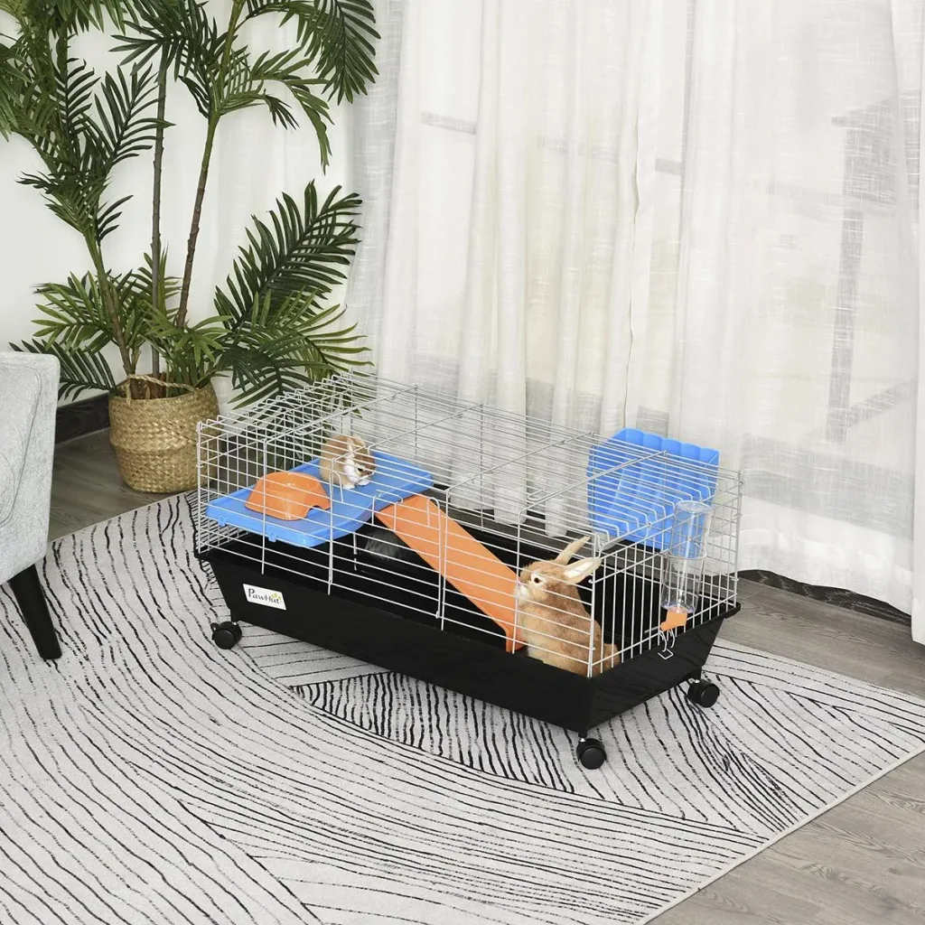 Kleintierkäfig, Nagerkäfig Rollbar, Starter-Set mit allem Zubehör, Stahl+PP+Nylon, Schwarz, 89x44x43 cm