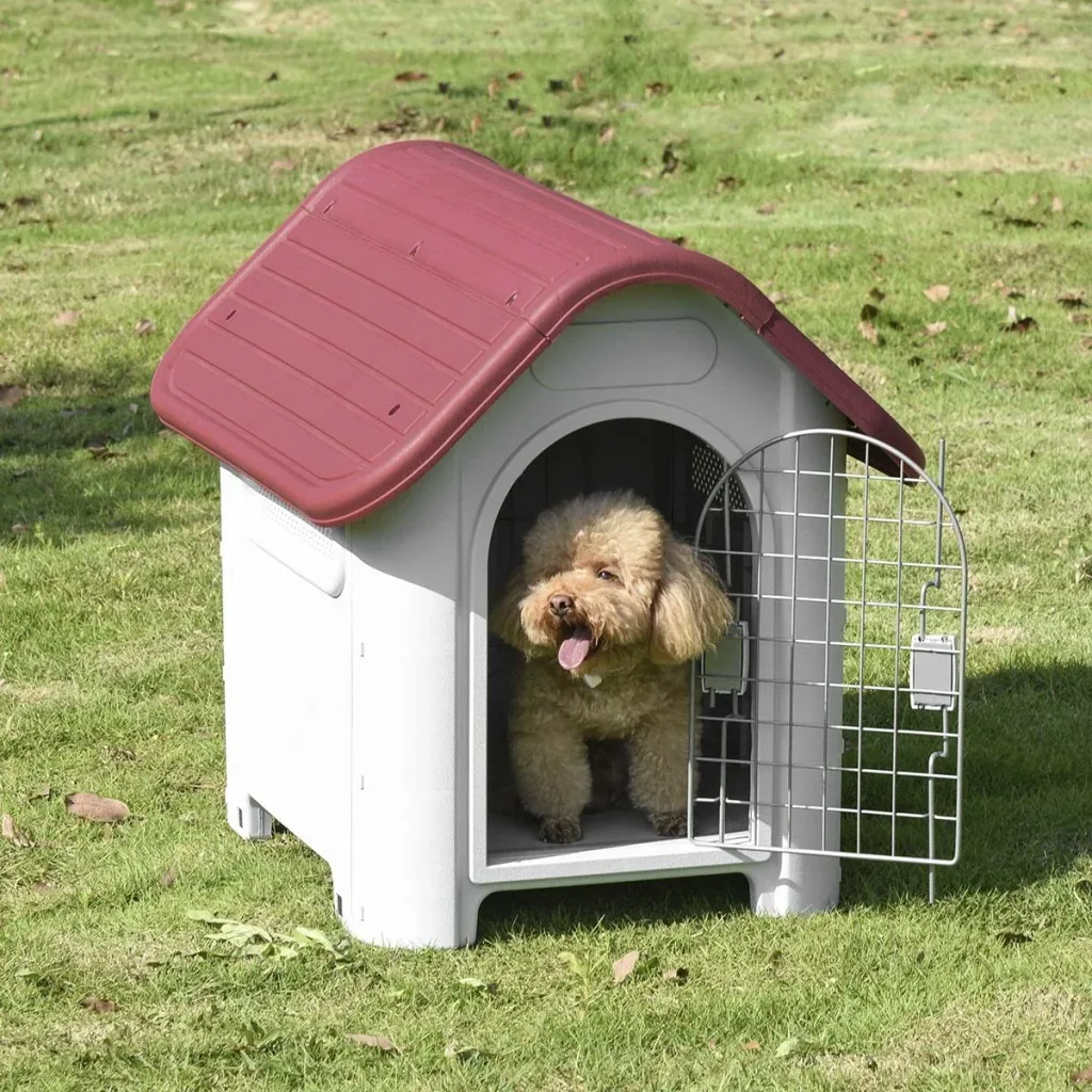 Hundehütte Outdoor Hundehaus mit Dachluke Tor Unterschlupf für kleine Hunde Luftzirkulation Metall PP Rot+Hellgrau 59 x