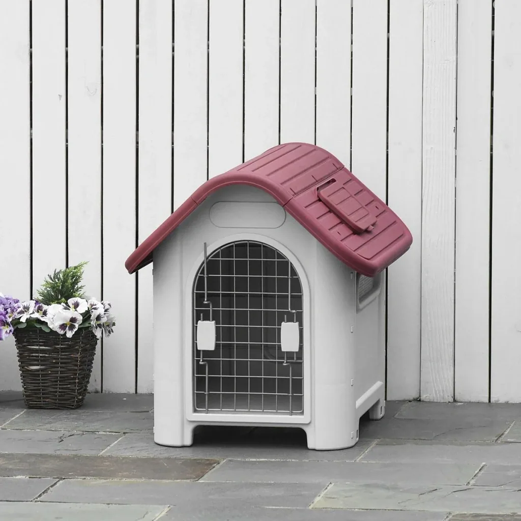 Hundehütte Outdoor Hundehaus mit Dachluke Tor Unterschlupf für kleine Hunde Luftzirkulation Metall PP Rot+Hellgrau 59 x