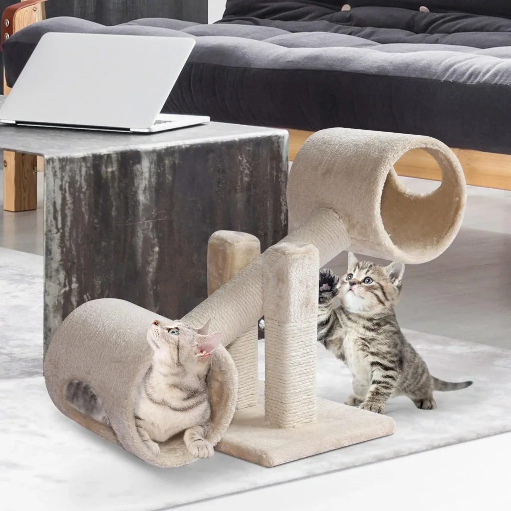 Kratzbaum Katzenbaum Spielbaum Wippe 2 Tunnel mit Loch Beige L67 x B30 x H26 cm