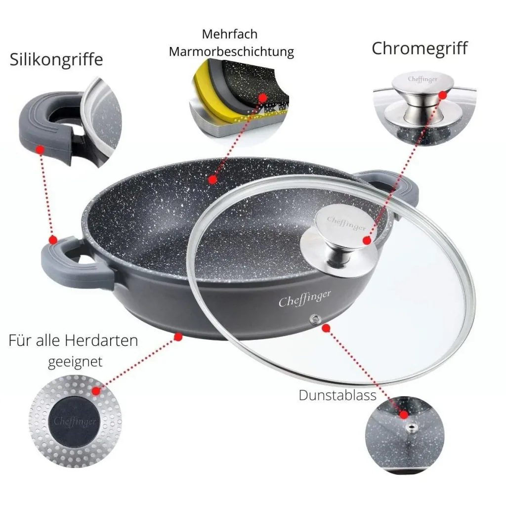 Cheffinger Schmortopf / Niedrige Pfanne / Serviertopf - Marmorbeschichtung - mit abnehmbaren Silikongriffen - SS - 24cm
