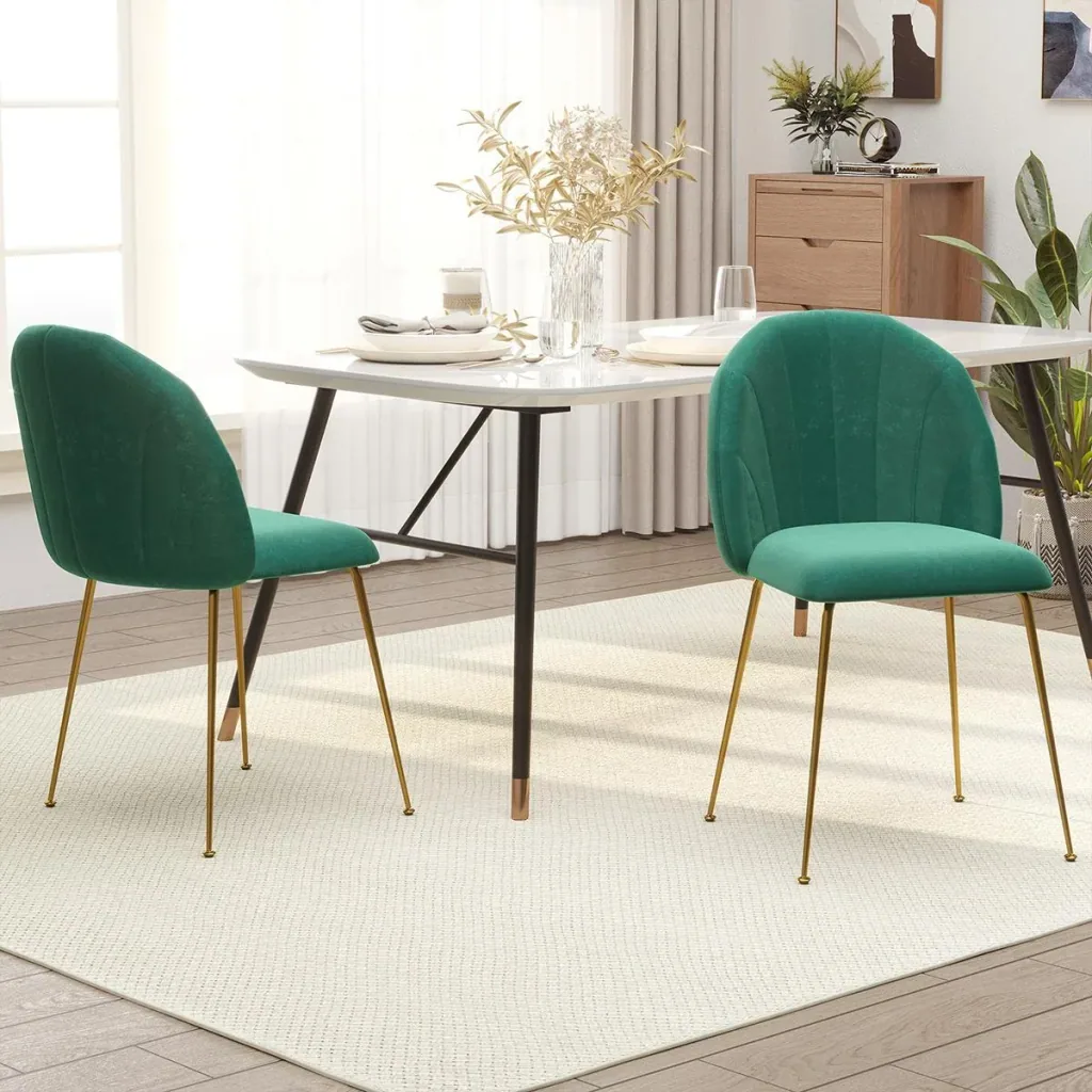 2er-Set Küchenstühle Esszimmerstühle mit Rückenlehne Polyester-Gewebe Metallbeine Grün+Gold 52 x 52 x 81 cm