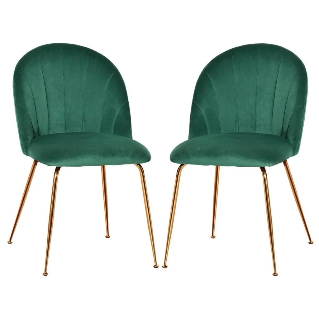 2er-Set Küchenstühle Esszimmerstühle mit Rückenlehne Polyester-Gewebe Metallbeine Grün+Gold 52 x 52 x 81 cm