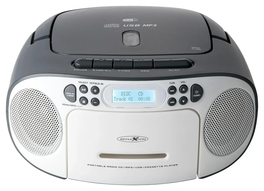 CD Radio Boombox mit DAB+/UKW-Radio, MP3/CD, Kassette und AUX-IN, grau