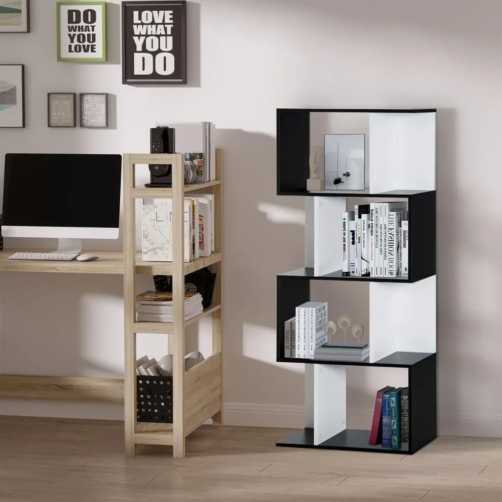 Bücherregal S-förmiges Standregal Lagerregal 4-stufige Vitrine mit Hardware-Schnalle moderner Raumteiler Spanplatte Sch