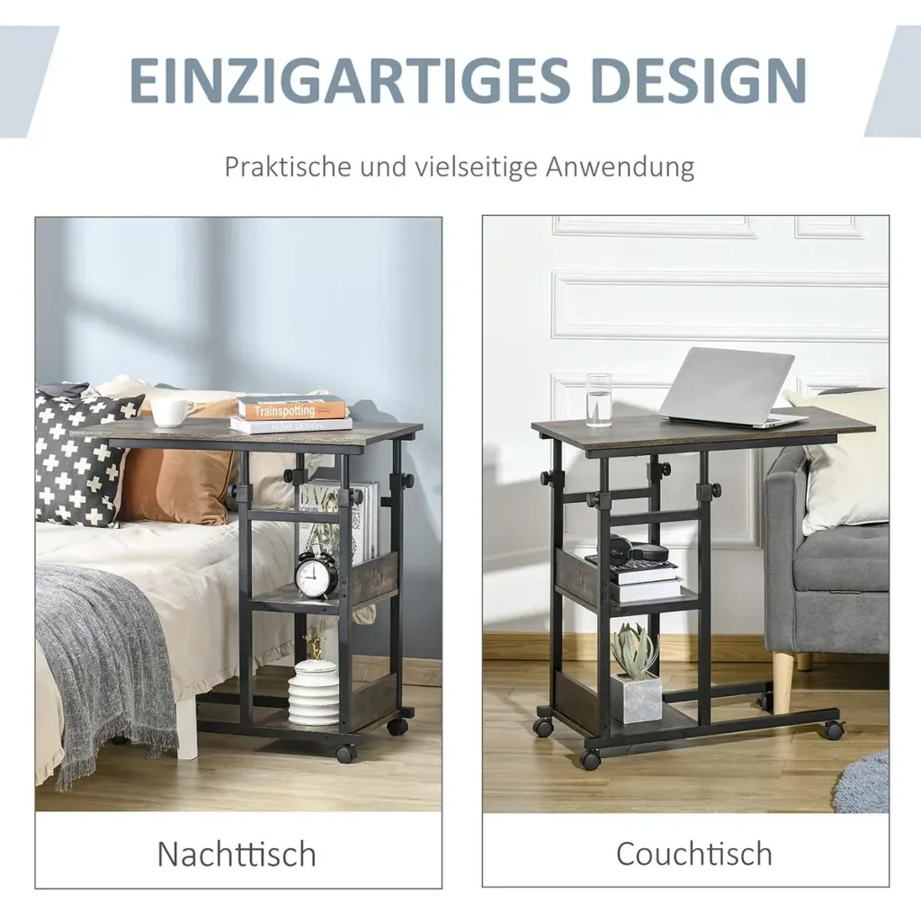 Beistelltisch Couchtisch mit Rollen, E1 Spanplatte, Metall, Schwarz, 80x40x72-82 cm