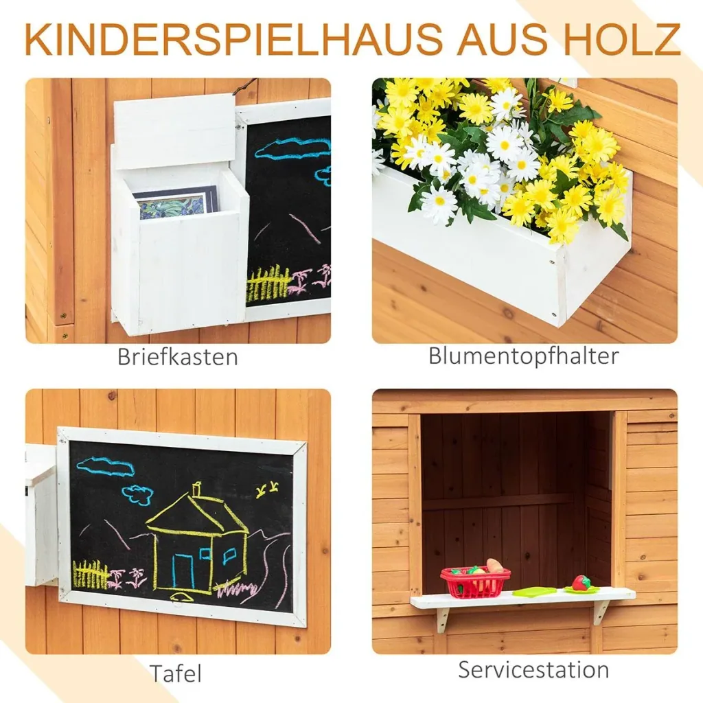 Spielhaus für Kinder Holz mit Fenster Briefkasten mit Blumentopfrack für 3-8 Jahre Tannenholz Gelb 122 x 108 x 135,5 cm