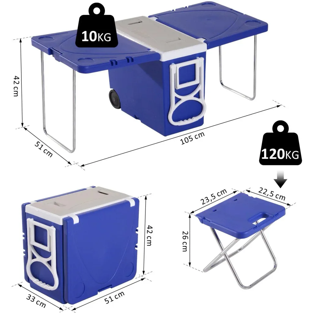 Kühlbox mit Rollen 28L tragbar Camping 3-in-1-Set mit 1 Seitentisch + 2 Hocker klappbar