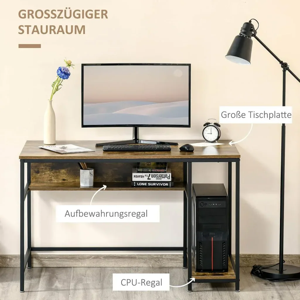 Computertisch Schreibtisch Bürotisch Home Office Arbeitstisch mit Ablagen Industrieller Stil Rustikal-Braun Metall 120 x