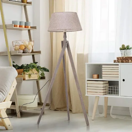 Stehlampe Stehleuchte Tripod Skandinavisch 40W Holz + Leinen beige 52 x 52 x 146 cm