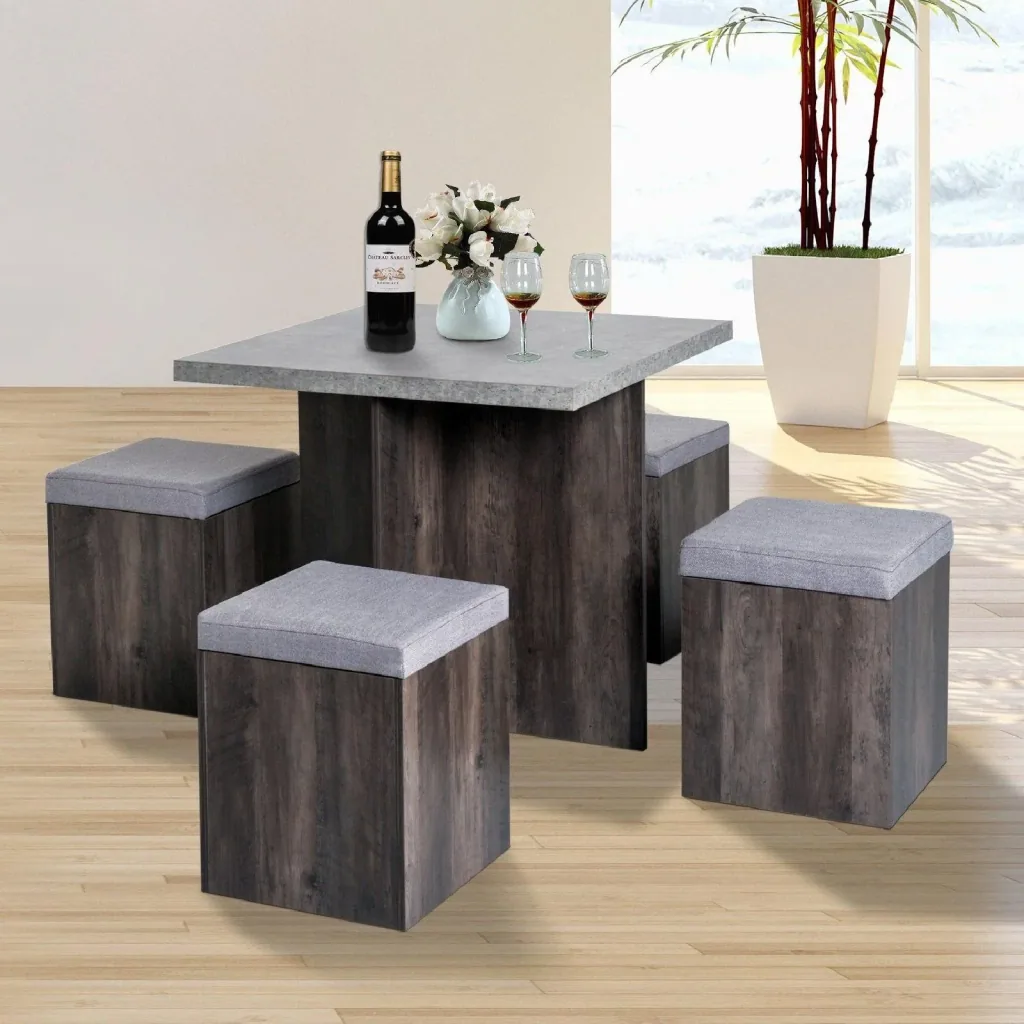 Essgruppe Esstisch Set mit 4 Hockern Grau 80x80cm