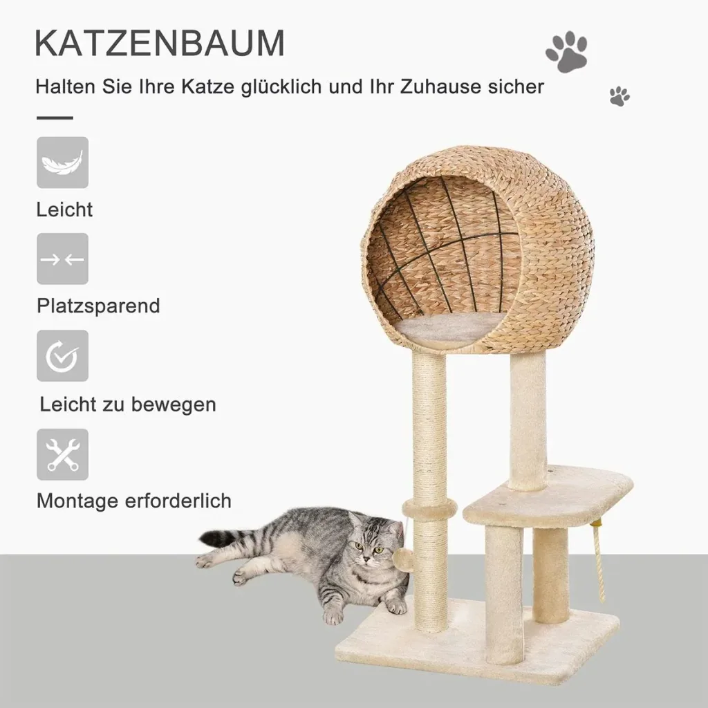 Katzenbaum Kratzbaum Kätzchen Möbel mit Katzenhöhle Ballspielzeug Sisal weiche Plüsch Höhe 100 cm Beige