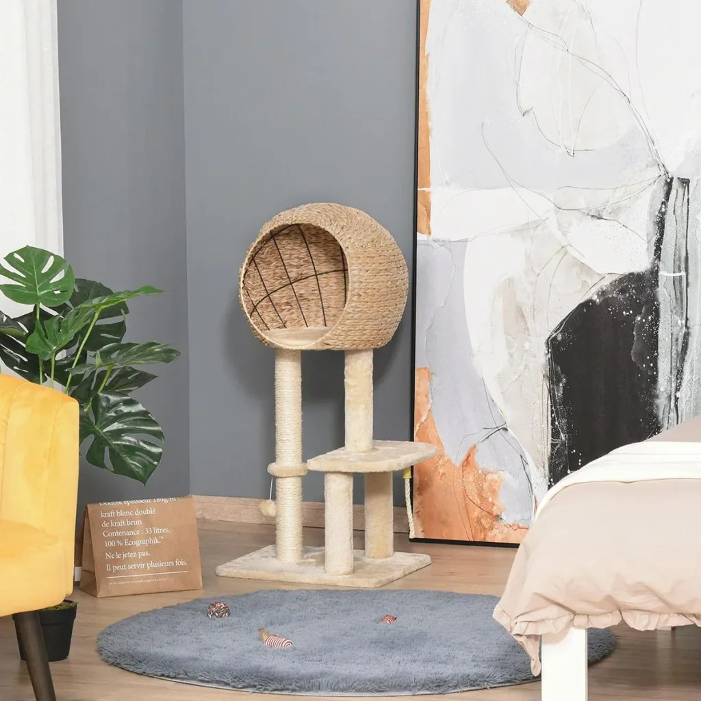 Katzenbaum Kratzbaum Kätzchen Möbel mit Katzenhöhle Ballspielzeug Sisal weiche Plüsch Höhe 100 cm Beige