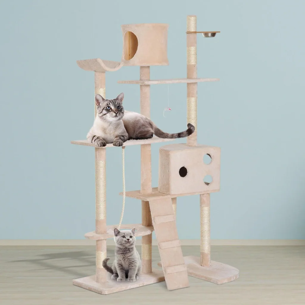 Kratzbaum Katzenbaum Kletterbaum Futterschale Leiter Beige L150 x B60 x H170 cm