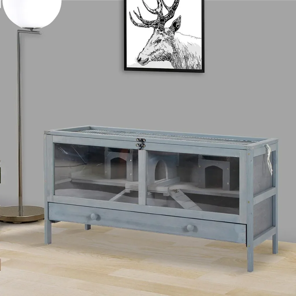 Hamsterkäfig Holz Nagerkäfig Mäusekäfig mit Rampe Nagervilla Oben aufklappbar Massivholz PS Grau 92 x 34 x 48 cm