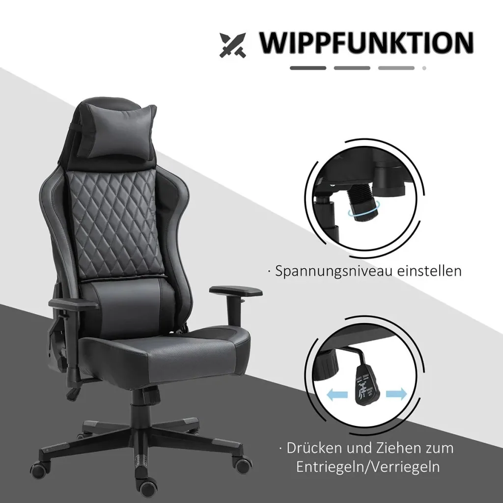 Ergonomischer Gaming Stuhl, mit Wippfunktion höhenverstellbar PU Stahl, Schwarz+Grau, 68 x 63 x 126-133 cm