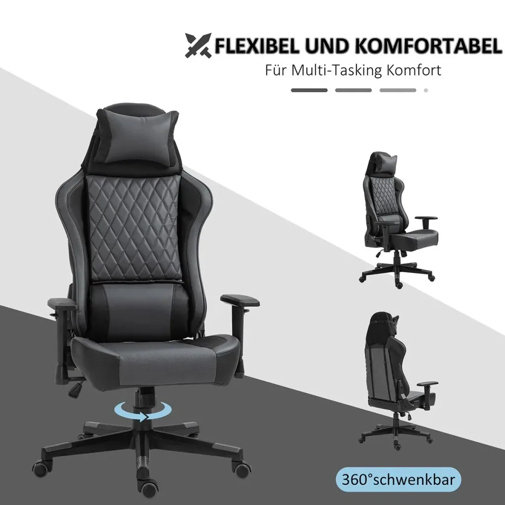 Ergonomischer Gaming Stuhl, mit Wippfunktion höhenverstellbar PU Stahl, Schwarz+Grau, 68 x 63 x 126-133 cm