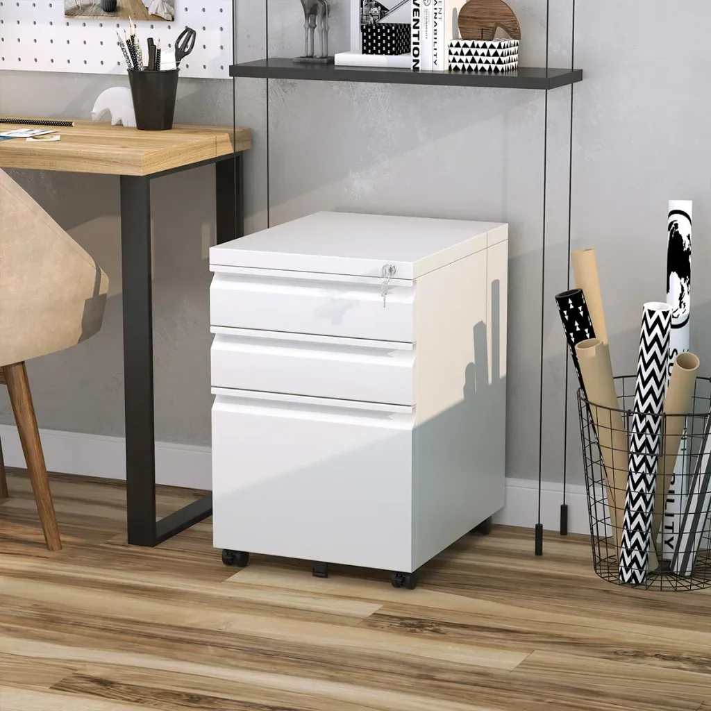 Rollcontainer mit 3 Schubladen Aktenschrank Büroschrank mit Rädern Bürocontainer mit konkavem Griff für Home-Office Stah