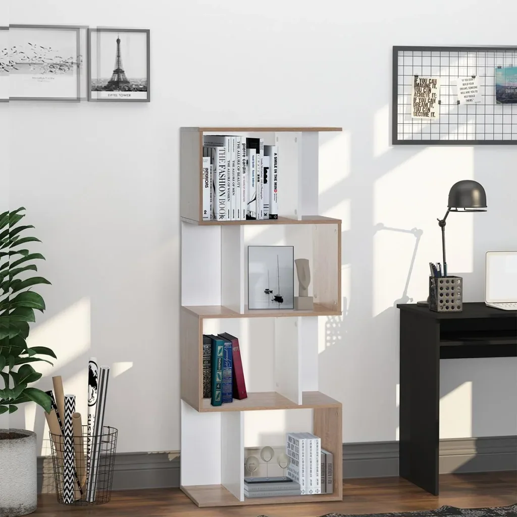 Bücherregal S-förmiges Standregal Lagerregal 4-stufige Vitrine mit Hardware-Schnalle moderner Raumteiler Spanplatte Nat