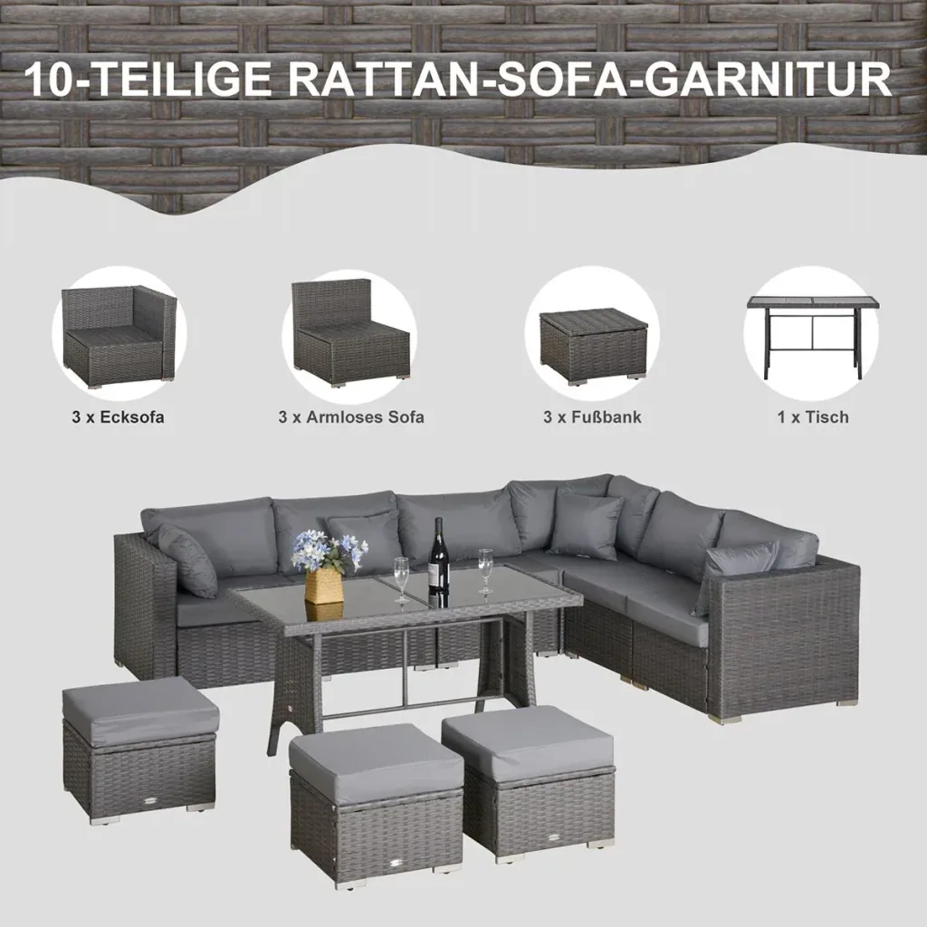 Polyrattan Sitzgarnitur 10 tlg. Sitzgruppe Gartenset Sofagarnitur Gartenmöbel Set Lounge Stahl Luxus Dunkelgrau