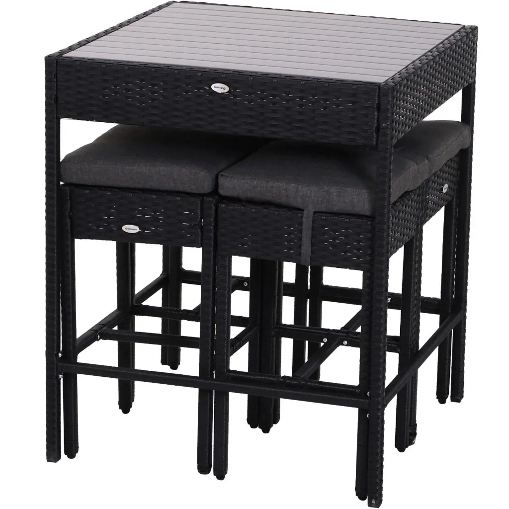 5-teilige Essgruppe Sitzgruppe Esstisch Bistrotisch Bartisch Gartentisch Metall + Polyrattan Schwarz mit 1 Tisch + 4 Hoc