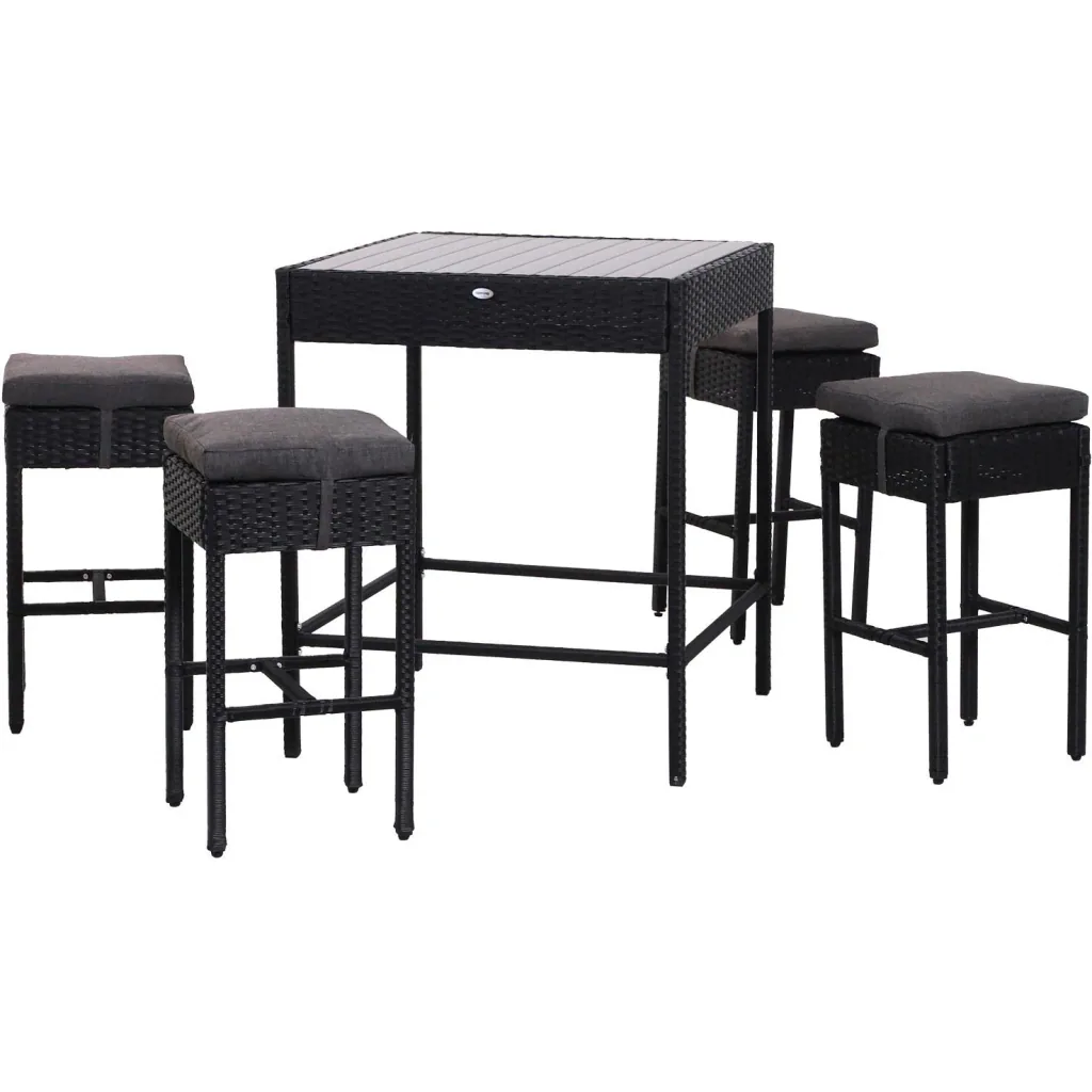 5-teilige Essgruppe Sitzgruppe Esstisch Bistrotisch Bartisch Gartentisch Metall + Polyrattan Schwarz mit 1 Tisch + 4 Hoc