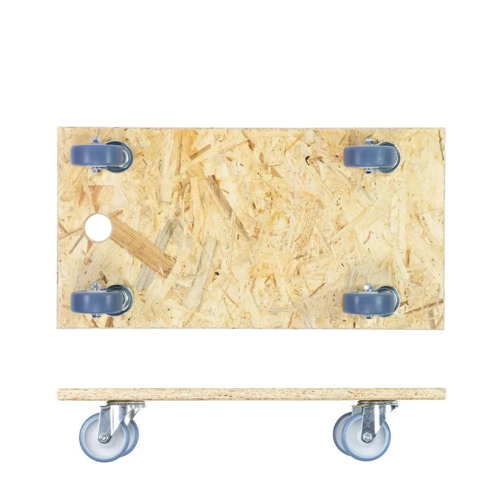 Transporthilfe MM 1173 , 57,5 x 30 x 11 mm, softe Rollen Ø 75 mm, Rollenlager, OSB Platte, CO2-neutral, Tragkraft 250 kg