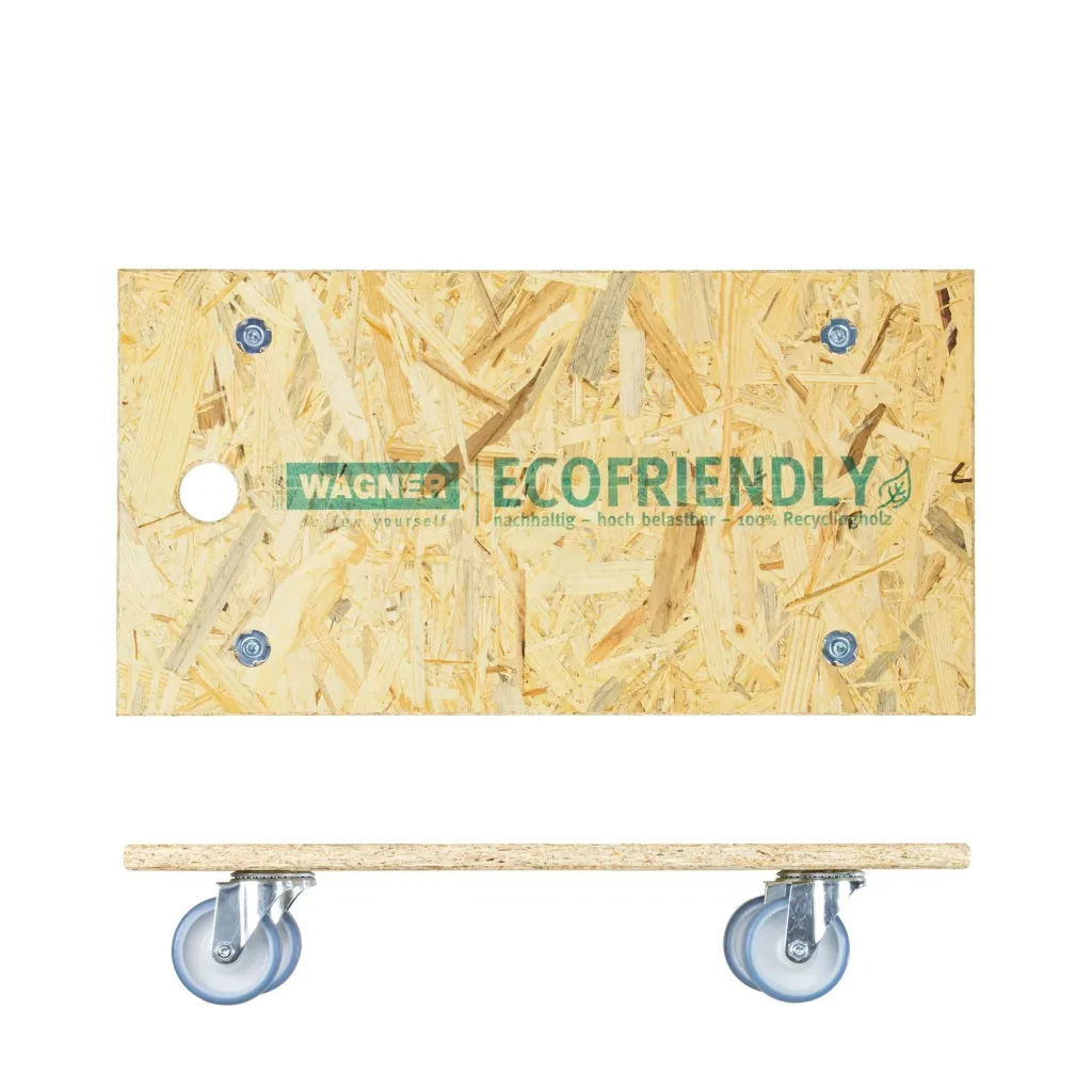 Transporthilfe MM 1173 , 57,5 x 30 x 11 mm, softe Rollen Ø 75 mm, Rollenlager, OSB Platte, CO2-neutral, Tragkraft 250 kg