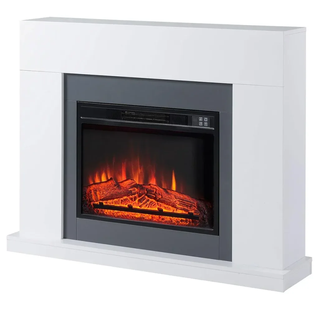 LED Elektrokamin Standkamin Kaminofen mit Flammeneffekt 1800/2000W Innenraumheizung mit Holzrahmen Dekokamin MDF Weiß
