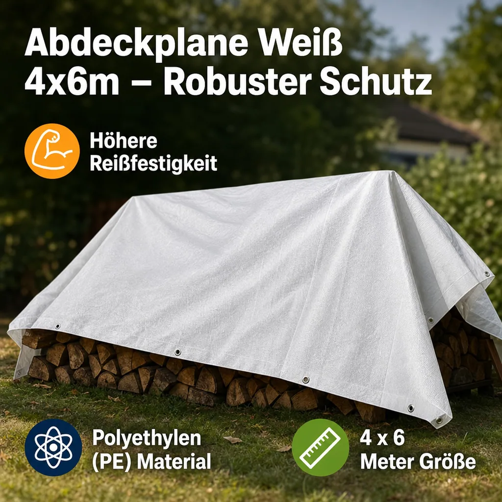 Abdeckplane 4x6m, 24m², Weiß, 180g/m², Wasserdicht und Reißfest