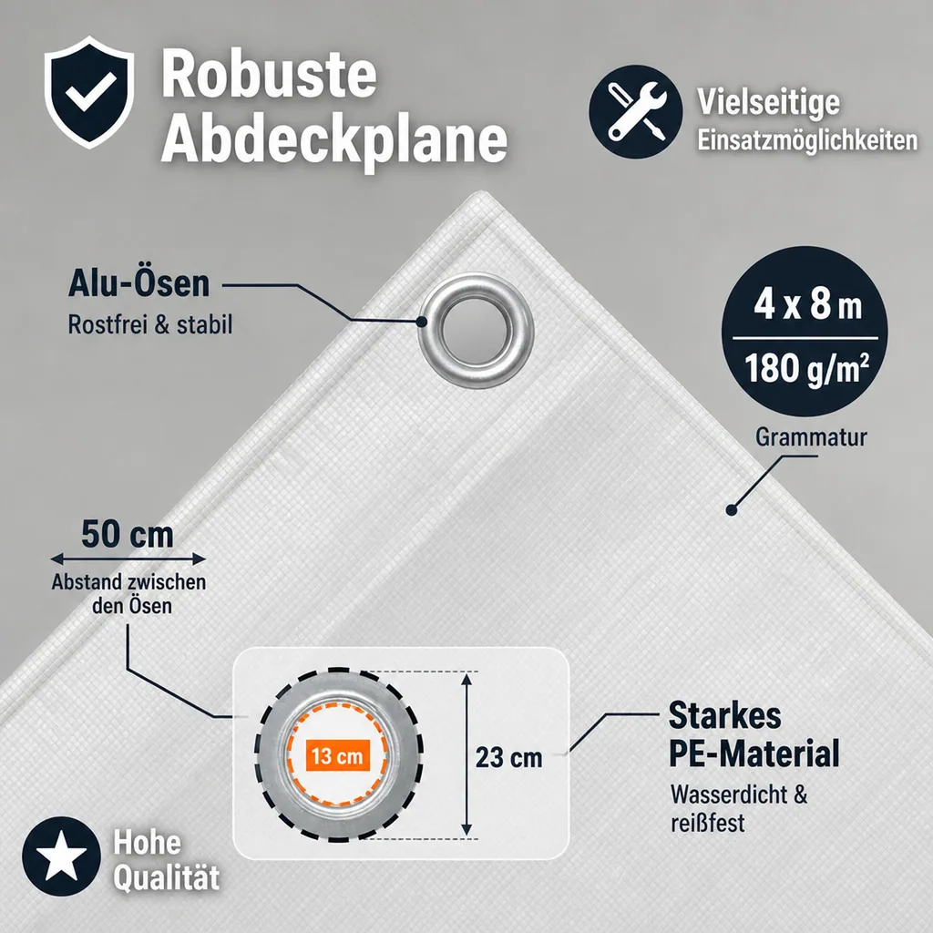 Abdeckplane 4x8m, 32m², weiß, 180 g/m², wasserdicht, reißfest