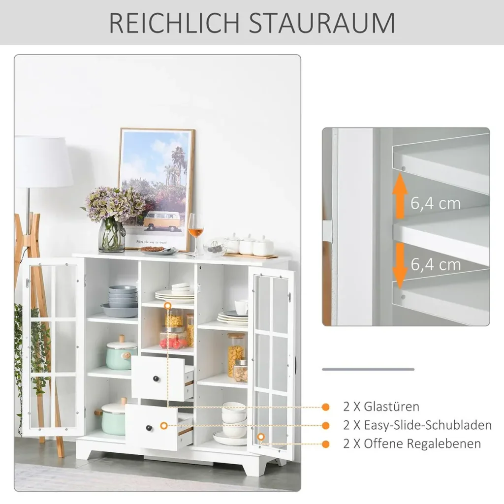 Küchenschrank Sideboard Aufbewahrungsschrank modern elegant mit 2 Schubladen und Glastüren für Esszimmer Wohnzimmer MDF