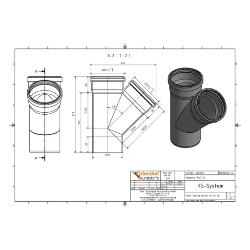 KG Rohr Abzweig 110, Abwasserrohr Abzweig DN 110, 45 Grad
