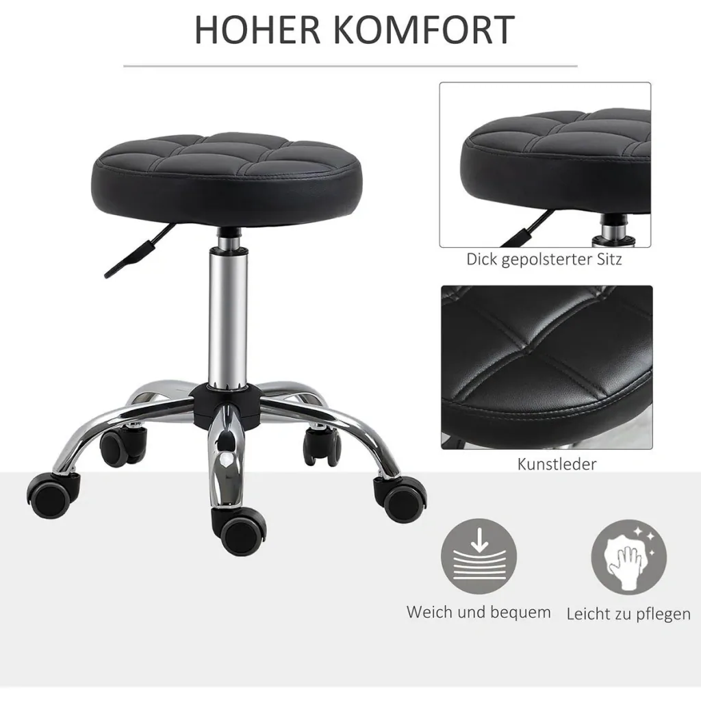 2er-Set Rollhocker Drehhocker mit Rädern Arbeitshocker höhenverstellbar drehbar Salon Hocker Salonstühle Kunstleder Schw
