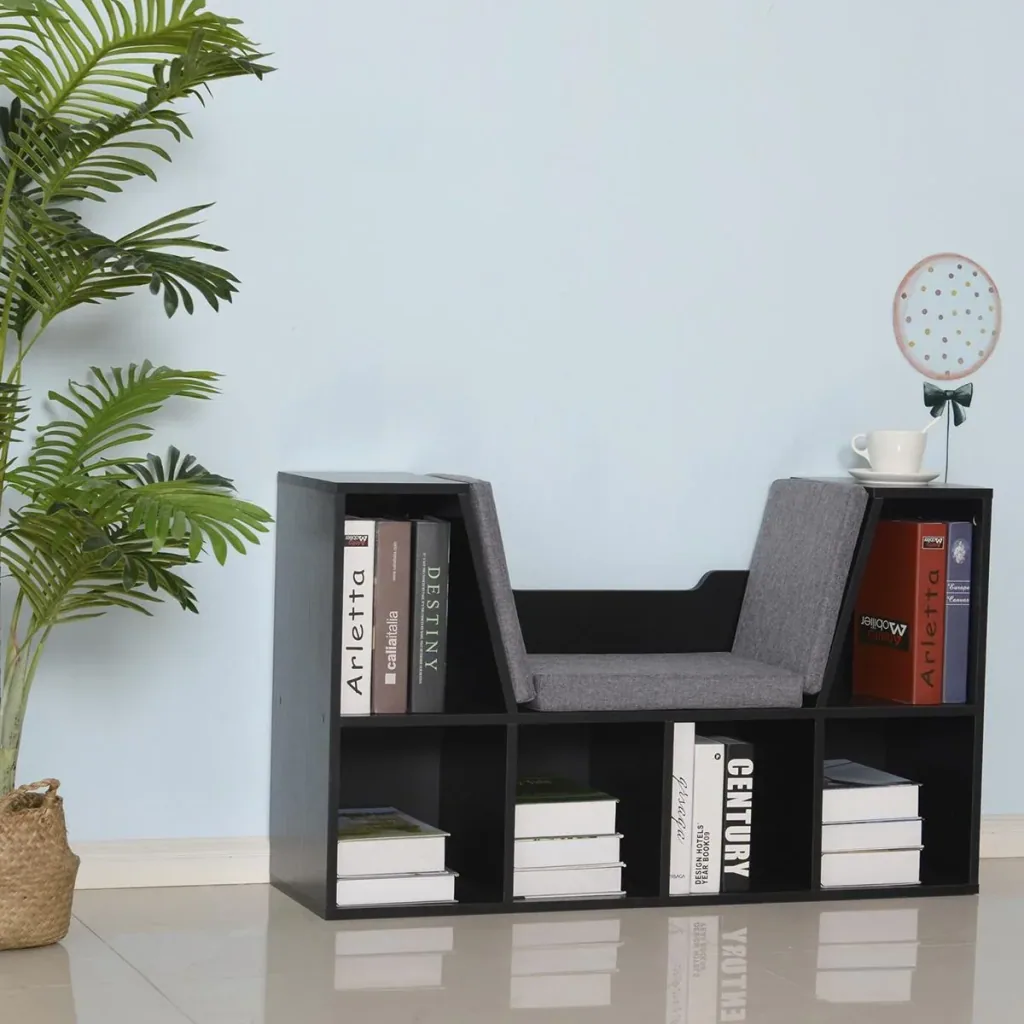 Bücherregal mit Sitzhocker Sitzbank Sitzbänke & -truhen mit 6 Stauräumen für Aufbewahrung Sitzbar mit Kissen Spanplatte