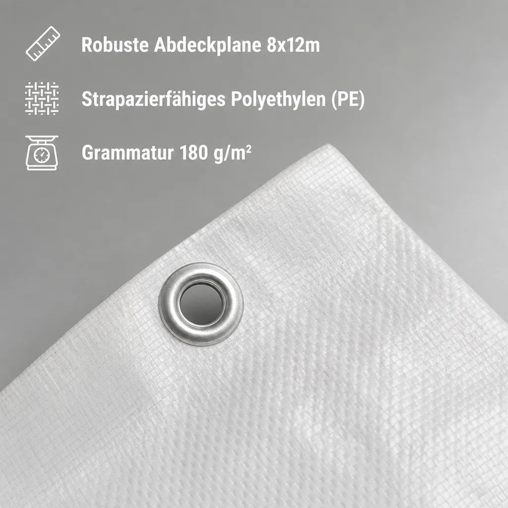 Abdeckplane 8x12m, Weiß, 180 g/m², (96m²), wasserdicht und UV-beständig