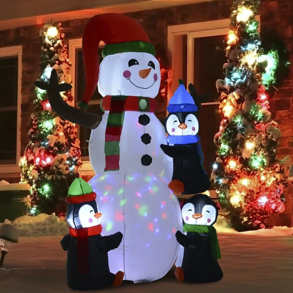 Aufblasbarer LED Schneemann mit 3 Pinguinen bunt
