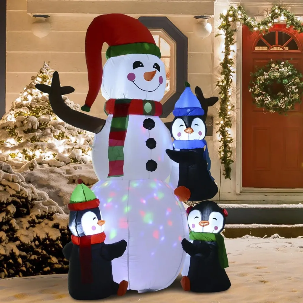 Aufblasbarer LED Schneemann mit 3 Pinguinen bunt
