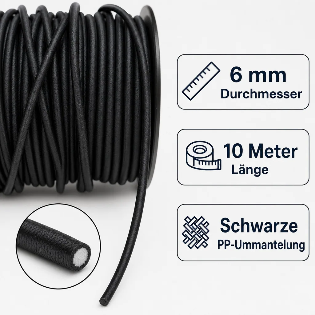 Expanderseil 6 mm, schwarz, 10 Meter, -Shop, Gummiseil