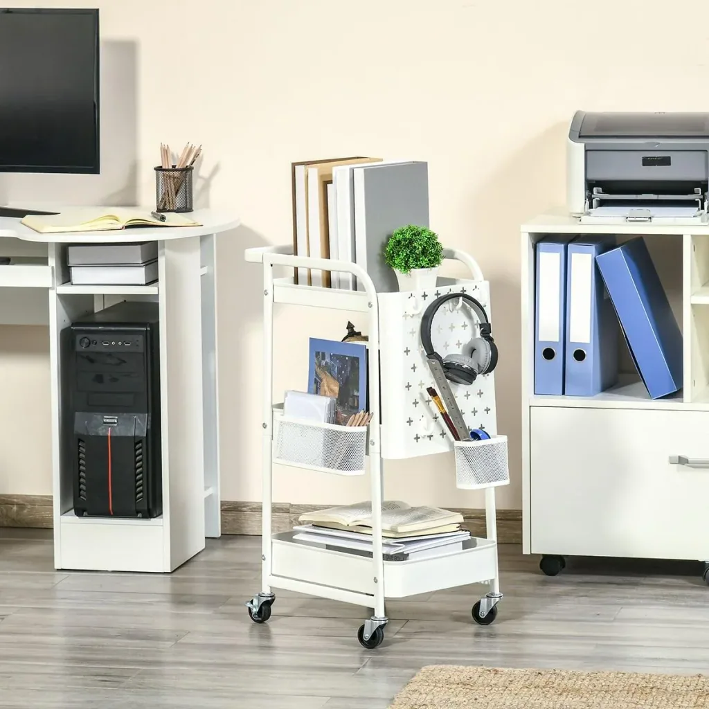 Servierschrank mit 3 Ablagen und Seitenwand, Stahl+PP, weiß, 51,5 x 32 x 75,6 cm