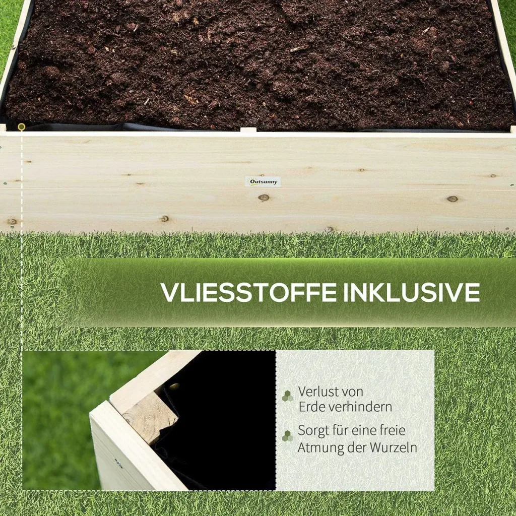 Hochbeet aus Holz Gartenbeet mit Vliesstoff Pflanzkübel Pflanzkasten Kräuterbeet für Balkon Garten Natur 117 x 117 x 30