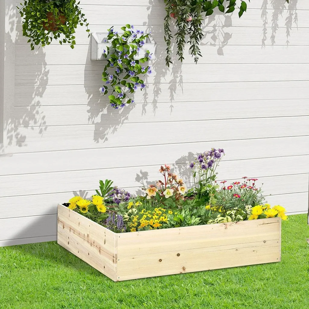 Hochbeet aus Holz Gartenbeet mit Vliesstoff Pflanzkübel Pflanzkasten Kräuterbeet für Balkon Garten Natur 117 x 117 x 30