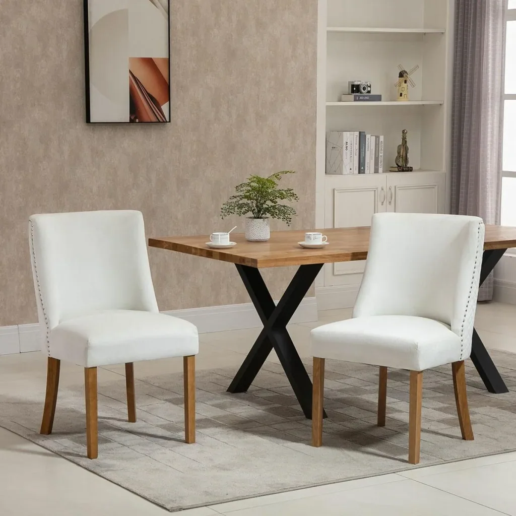 2er-Set Esszimmerstuhl Küchenstuhl Polsterstuhl mit Rückenlehne Polstersessel Kunstleder Sessel Holzbeine Cremeweiß 49x6