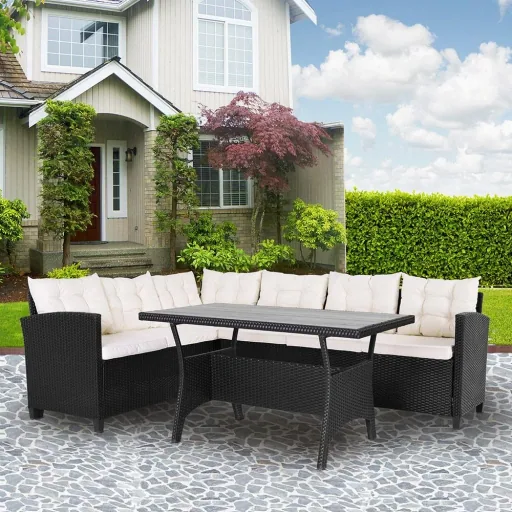 Polyrattan Lounge Set schwarz WPC Tischplatte