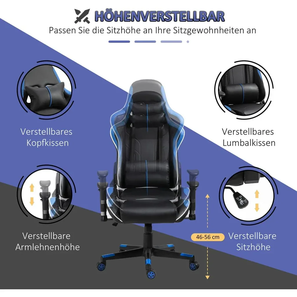 Gamingstuhl ergonomisch geformt Blau, Schwarz