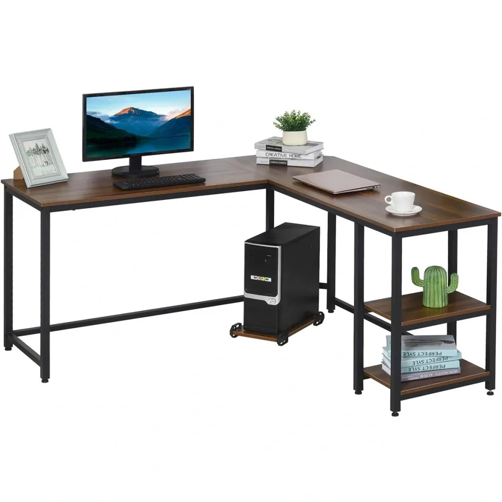 Computertisch, L-förmiger Eckschreibtisch, Schreibtisch, Bürotisch, MDF+Stahl, Walnussfarbe+Schwarz, 150 x 150 x 76 cm