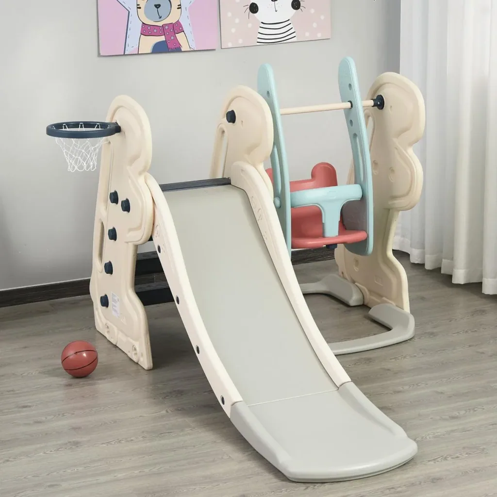 3-in-1 Kinderrutsche Kinder Rutsche mit Basketballkorb, Schaukel, Leiter Spielzeug Slide Gartenrutsche Babyrutsch für 1-