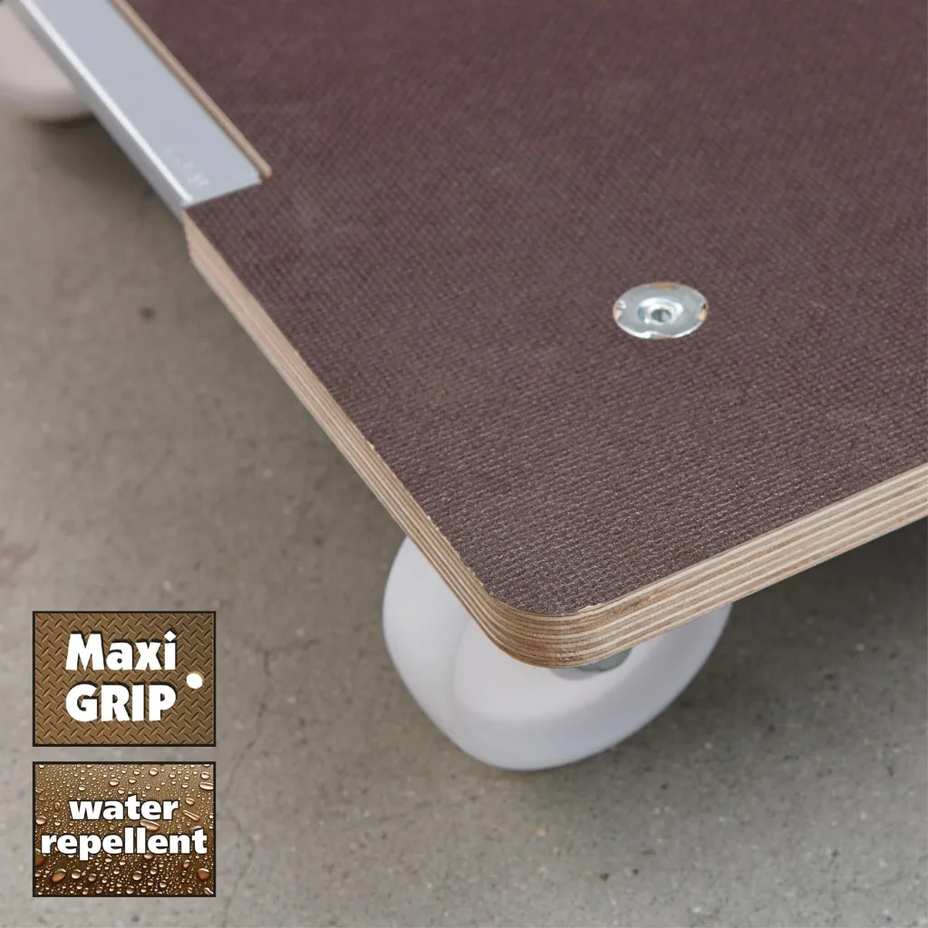 Transporthilfe MM 1379, 80 x 60 x 13,5 cm, harte Rollen Ø 100 mm, Rollenlager, Platte Maxigrip FSC®, Tragkraft 400 kg