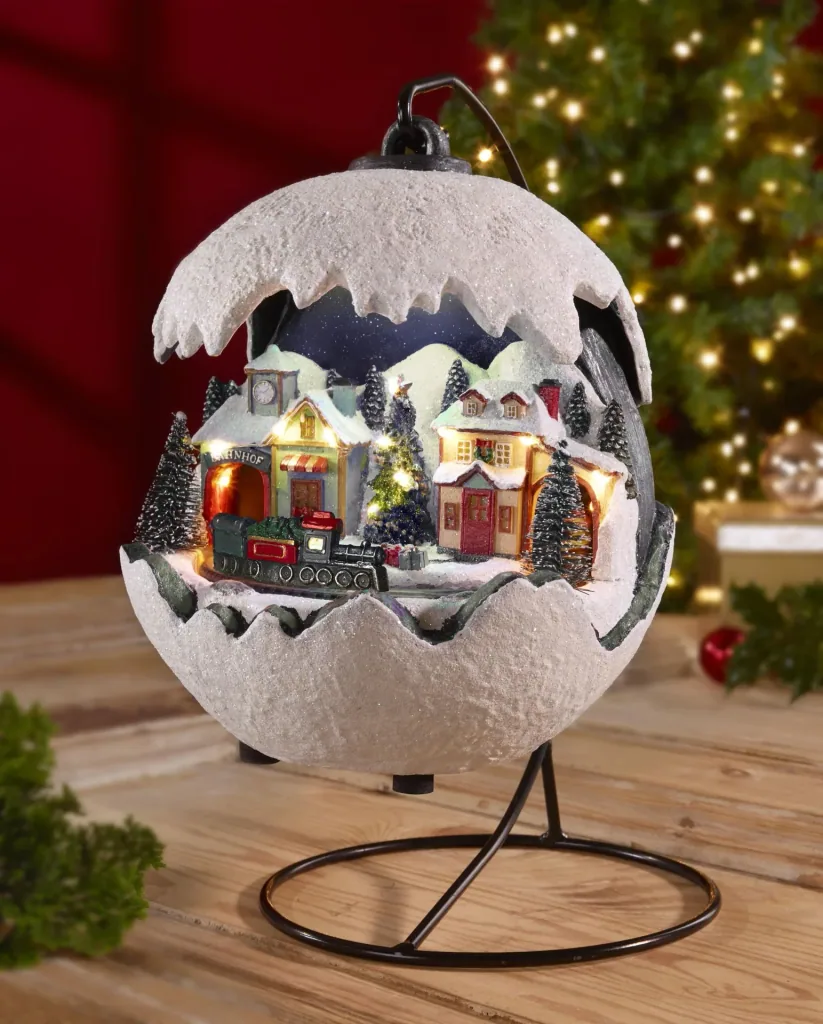 Weihnachtskugel 2021 mit fahrendem Zug, LED Licht und Musik